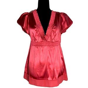 BCGB Max Azria deep V ruched coral silk shirt sleeve shirt